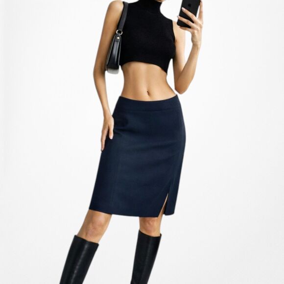 Dresses & Skirts - Vintage Y2K Navy Blue Knee Length Straight Pencil Bodycon Skirt W/ Slit Size S/M